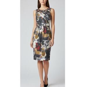 Adrianna Papell rosette neckline moody colors midi dress